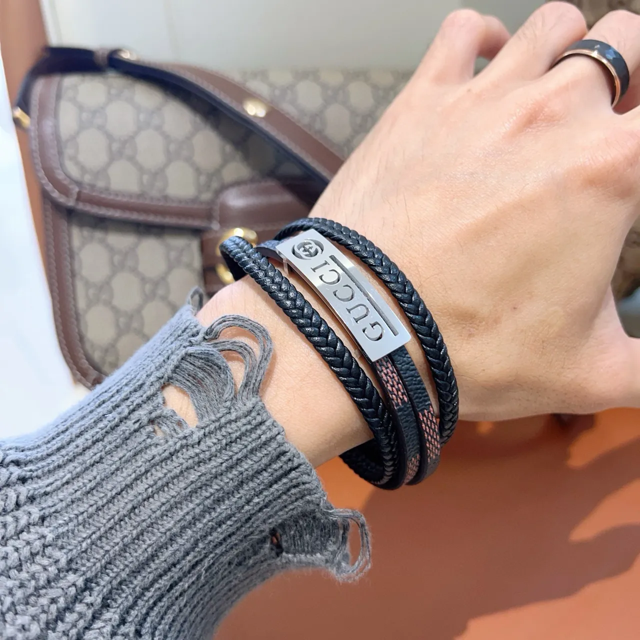 Gucci Black Brown Multi-Wrap Braided Leather Bracelet 2