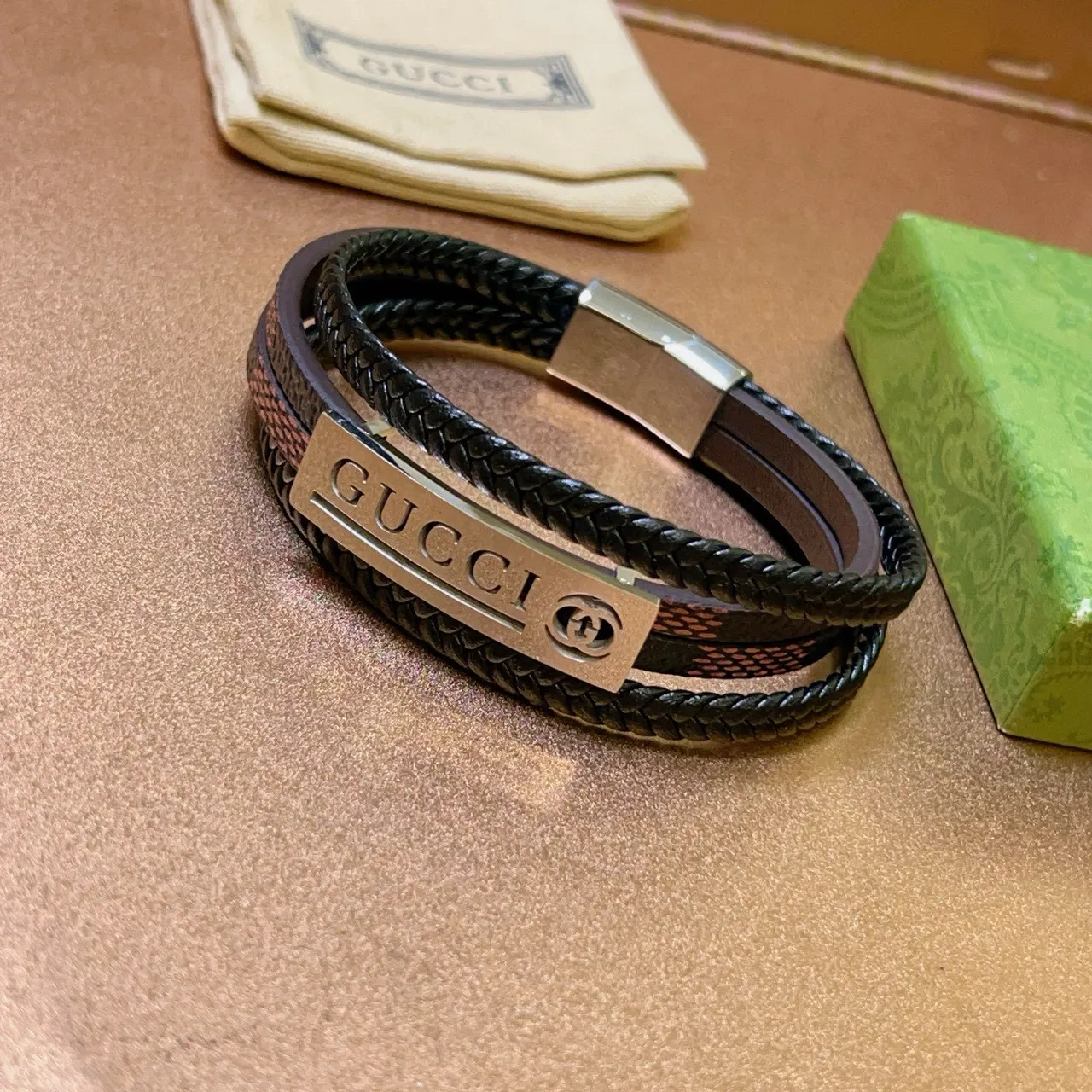 Gucci Black Brown Multi-Wrap Braided Leather Bracelet 4