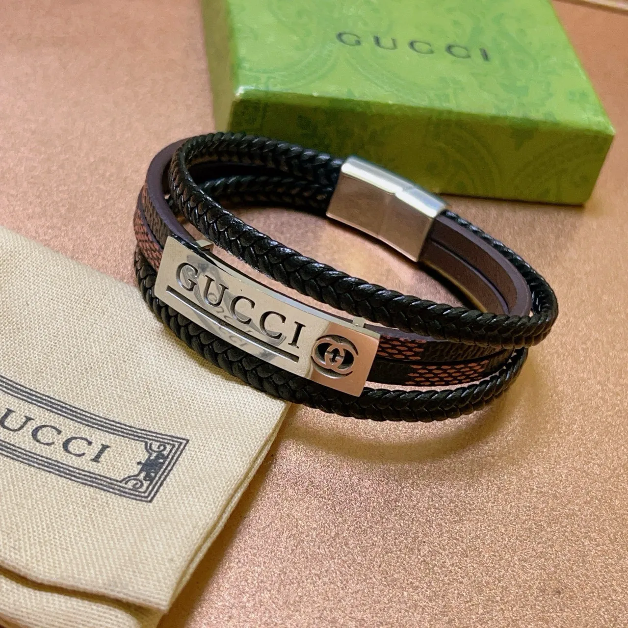 Gucci Black Brown Multi-Wrap Braided Leather Bracelet 6