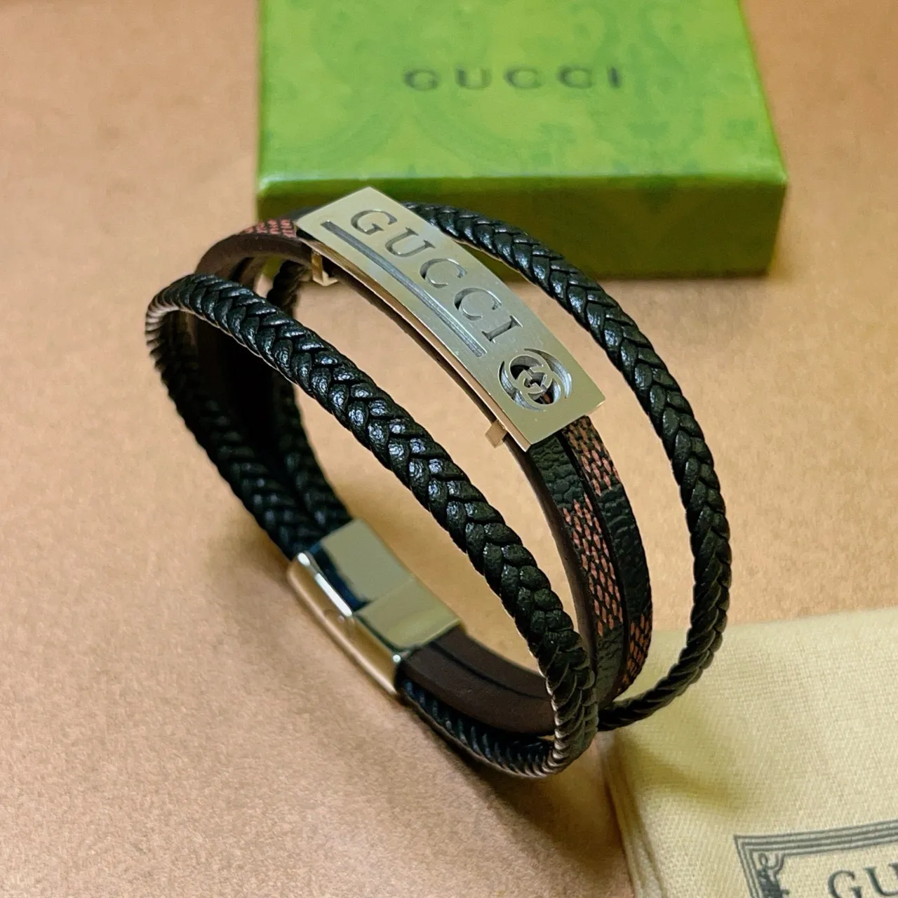 Gucci Black Brown Multi-Wrap Braided Leather Bracelet 7