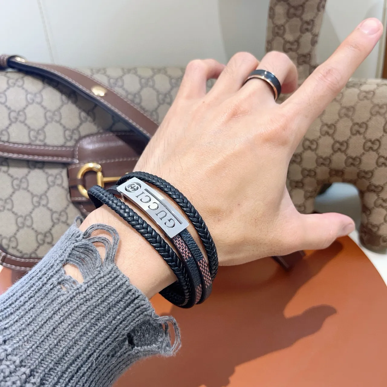 Gucci Black Brown Multi-Wrap Braided Leather Bracelet 8