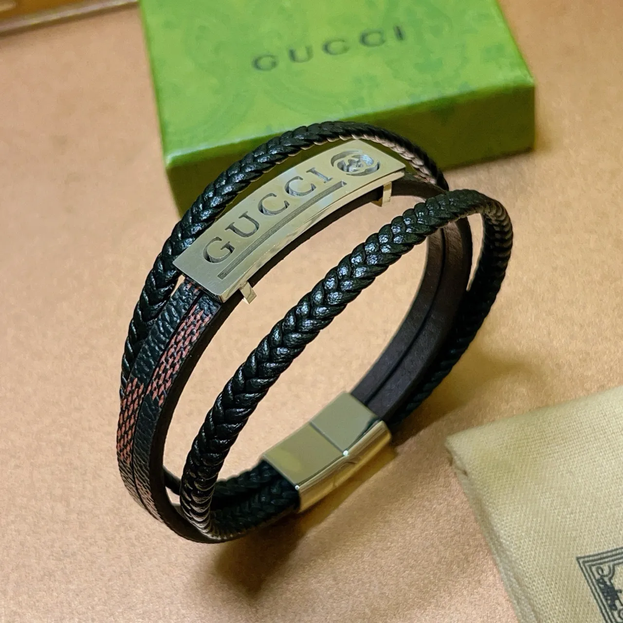 Gucci Black Brown Multi-Wrap Braided Leather Bracelet 9