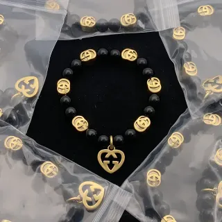 Gucci Black Gold Beaded Interlocking G Logo Bracelet