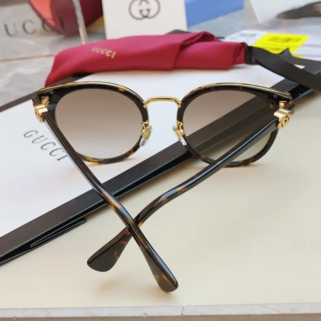 Gucci Óculos de Sol Preto Dourado Cat-Eye Redonda Híbrida Gradiente Cinza Lentes 3