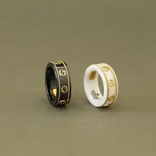 Gucci Black Gold Ceramic Interlocking G Logo Ring