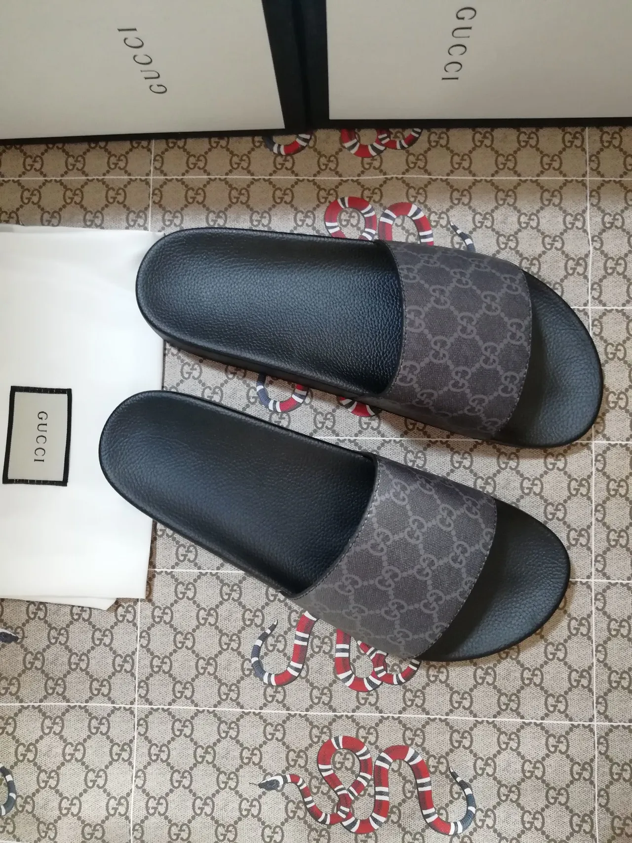 Gucci Black Gray Monogram Strap Molded Rubber Sole Slippers 3