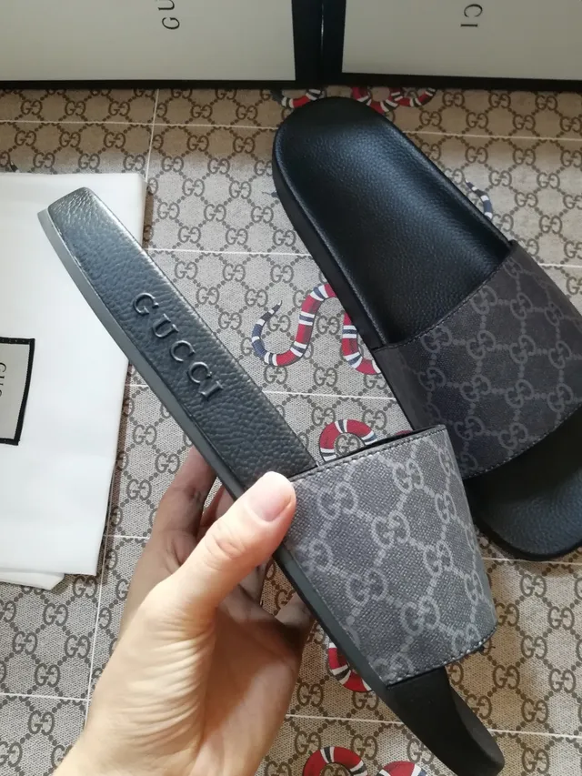 Gucci Black Gray Monogram Strap Molded Rubber Sole Slippers 4