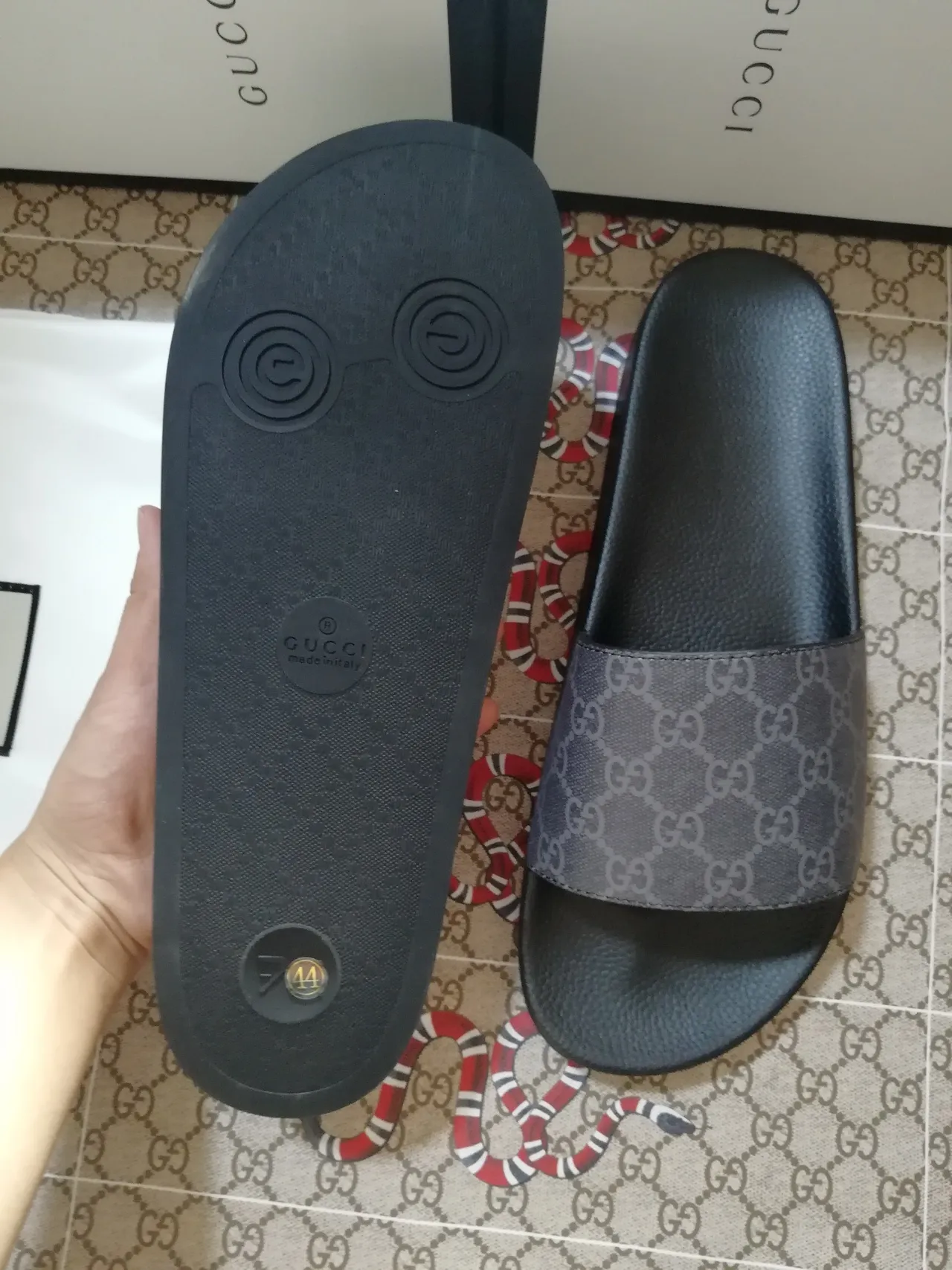 Gucci Black Gray Monogram Strap Molded Rubber Sole Slippers 5