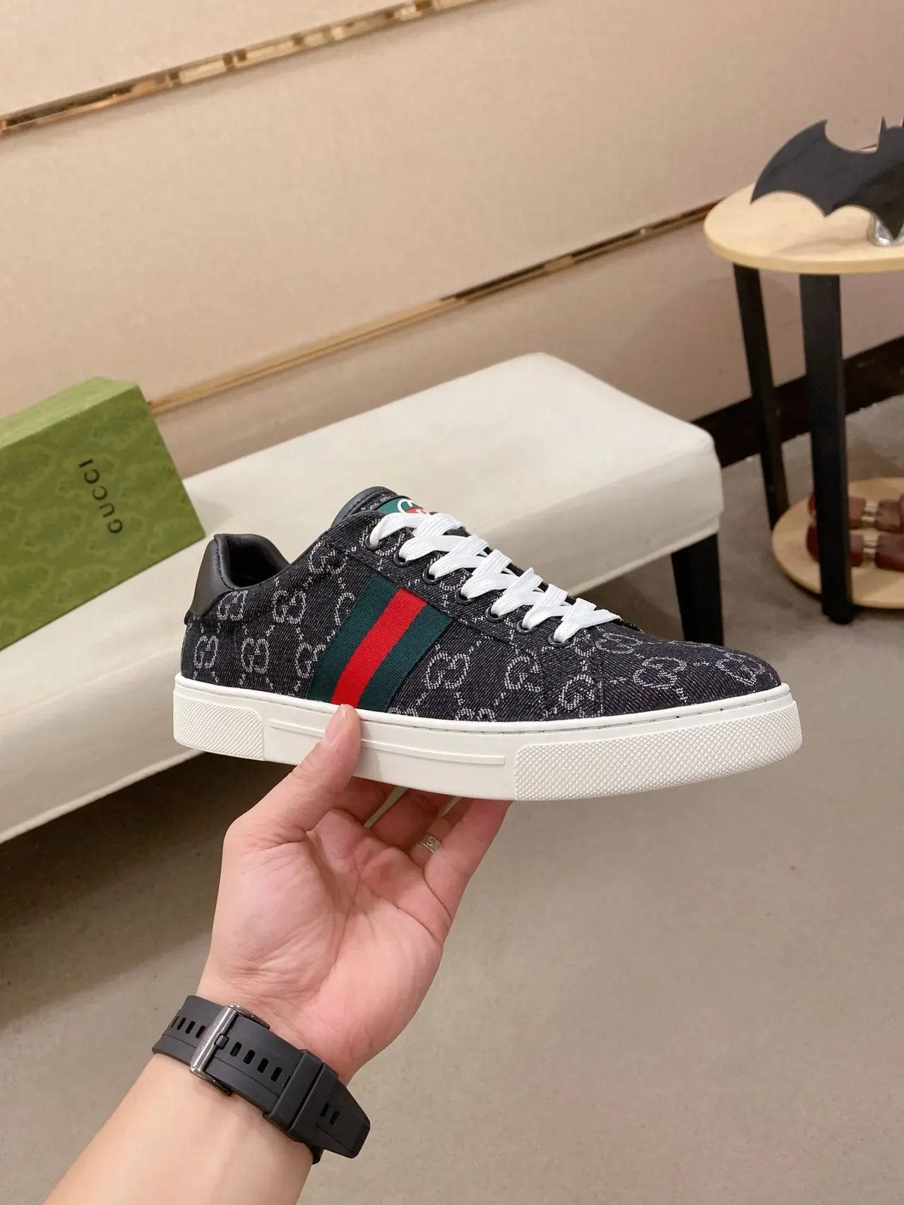 Gucci 黑绿 GG Monogram 帆布 网带 侧边面板 生活方式运动鞋 4