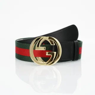Gucci Black Green Interlocking G Buckle Web Stripe Canvas Center Leather Belt