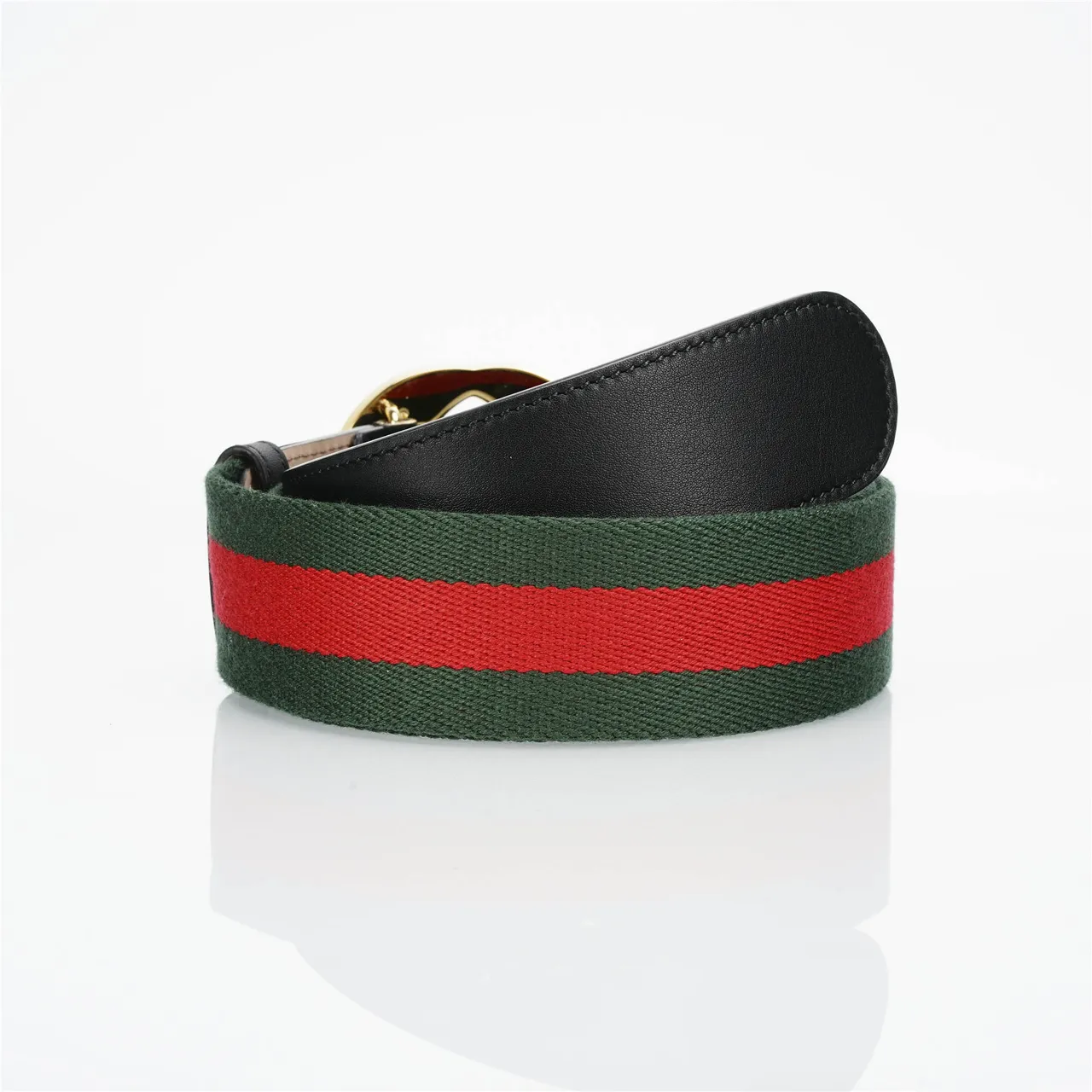Gucci Black Green Interlocking G Buckle Web Stripe Canvas Center Leather Belt 4