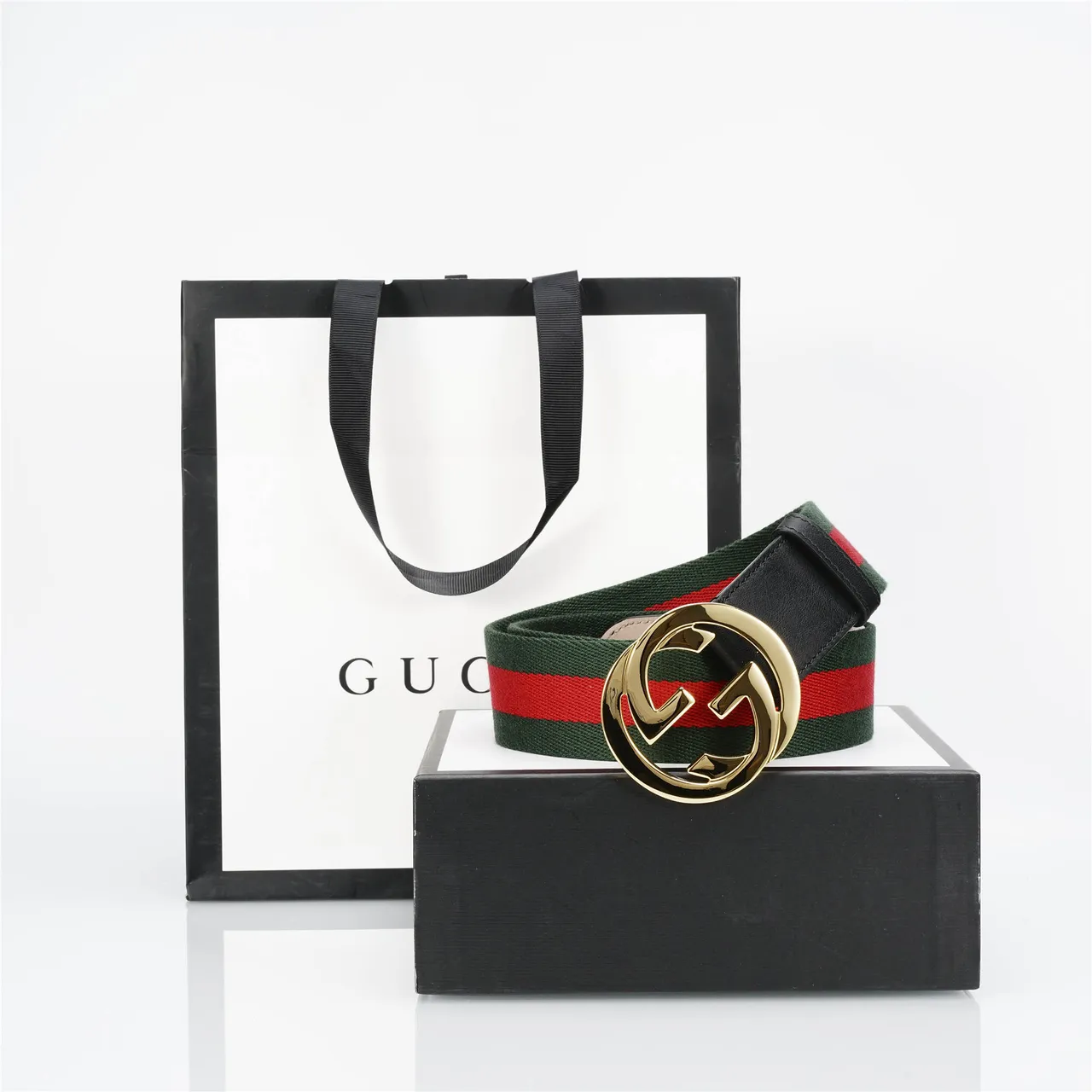 Gucci Black Green Interlocking G Buckle Web Stripe Canvas Center Leather Belt 5
