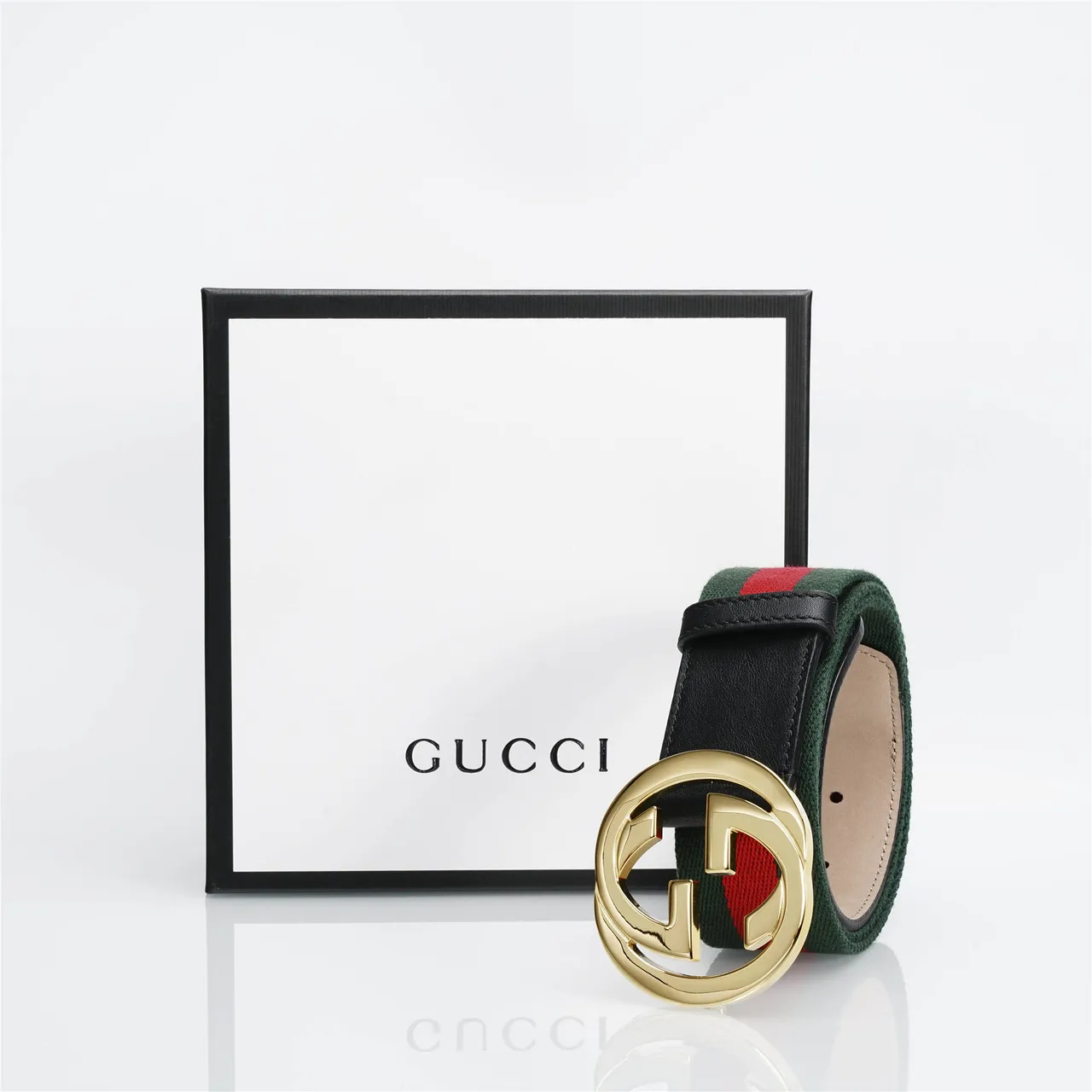 Gucci Black Green Interlocking G Buckle Web Stripe Canvas Center Leather Belt 6
