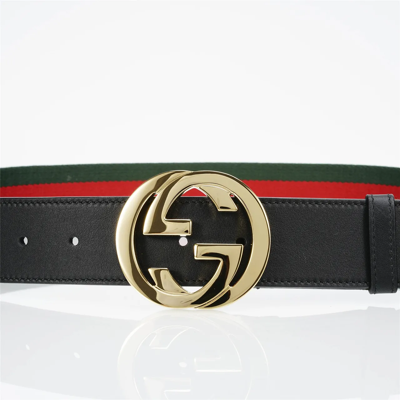 Gucci Black Green Interlocking G Buckle Web Stripe Canvas Center Leather Belt 8