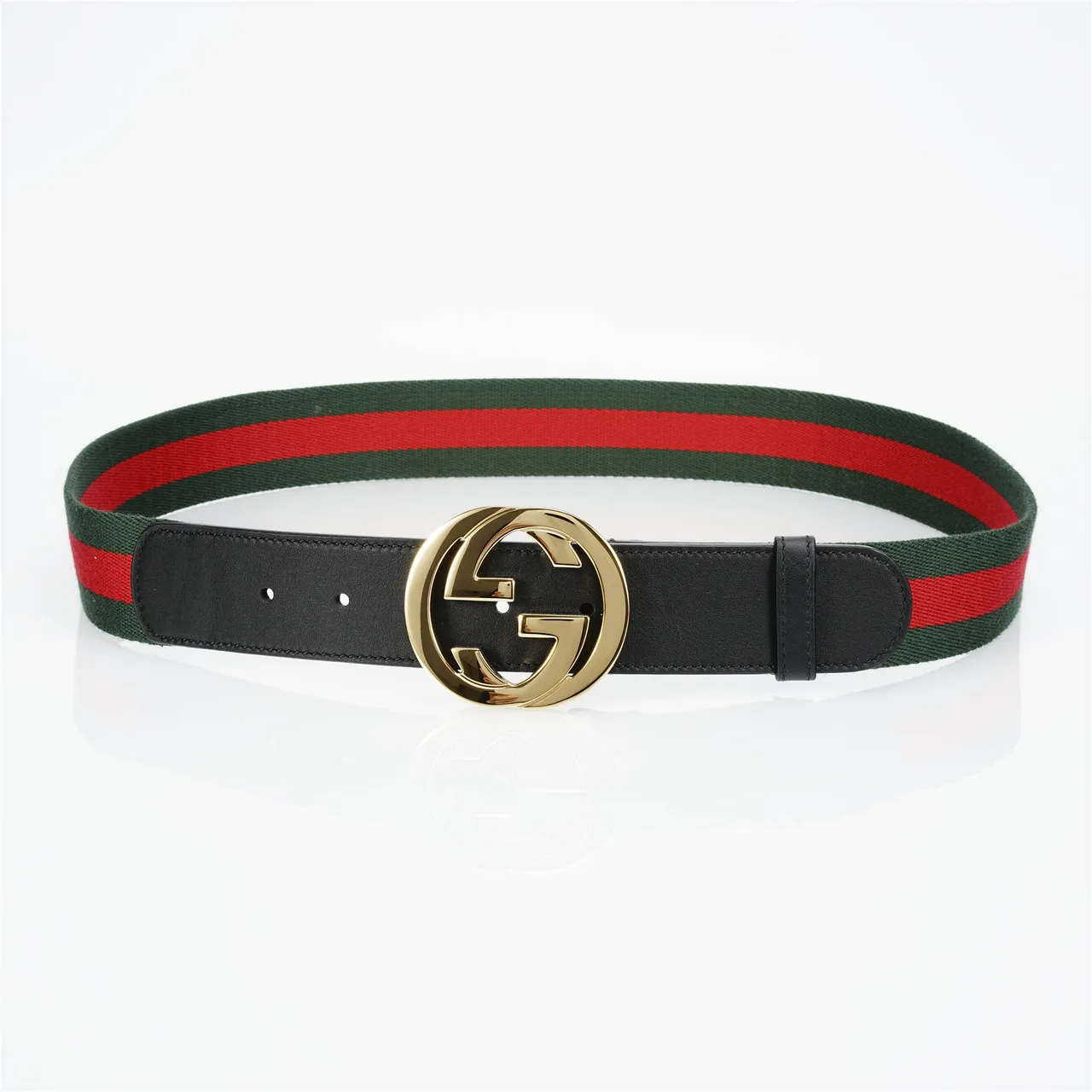 Gucci Black Green Interlocking G Buckle Web Stripe Canvas Center Leather Belt 9