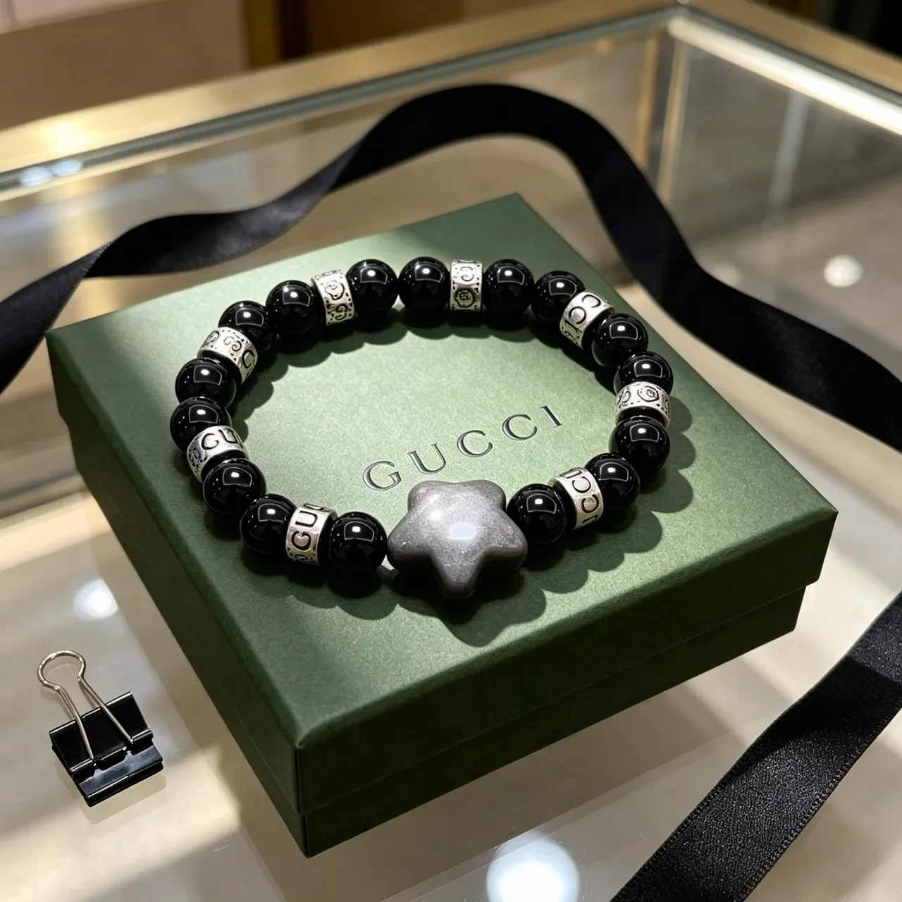 Gucci Black Silver Beaded Star Charm Bracelet 4
