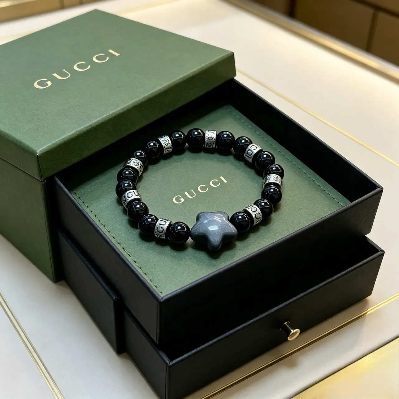 Gucci Black Silver Beaded Star Charm Bracelet 6