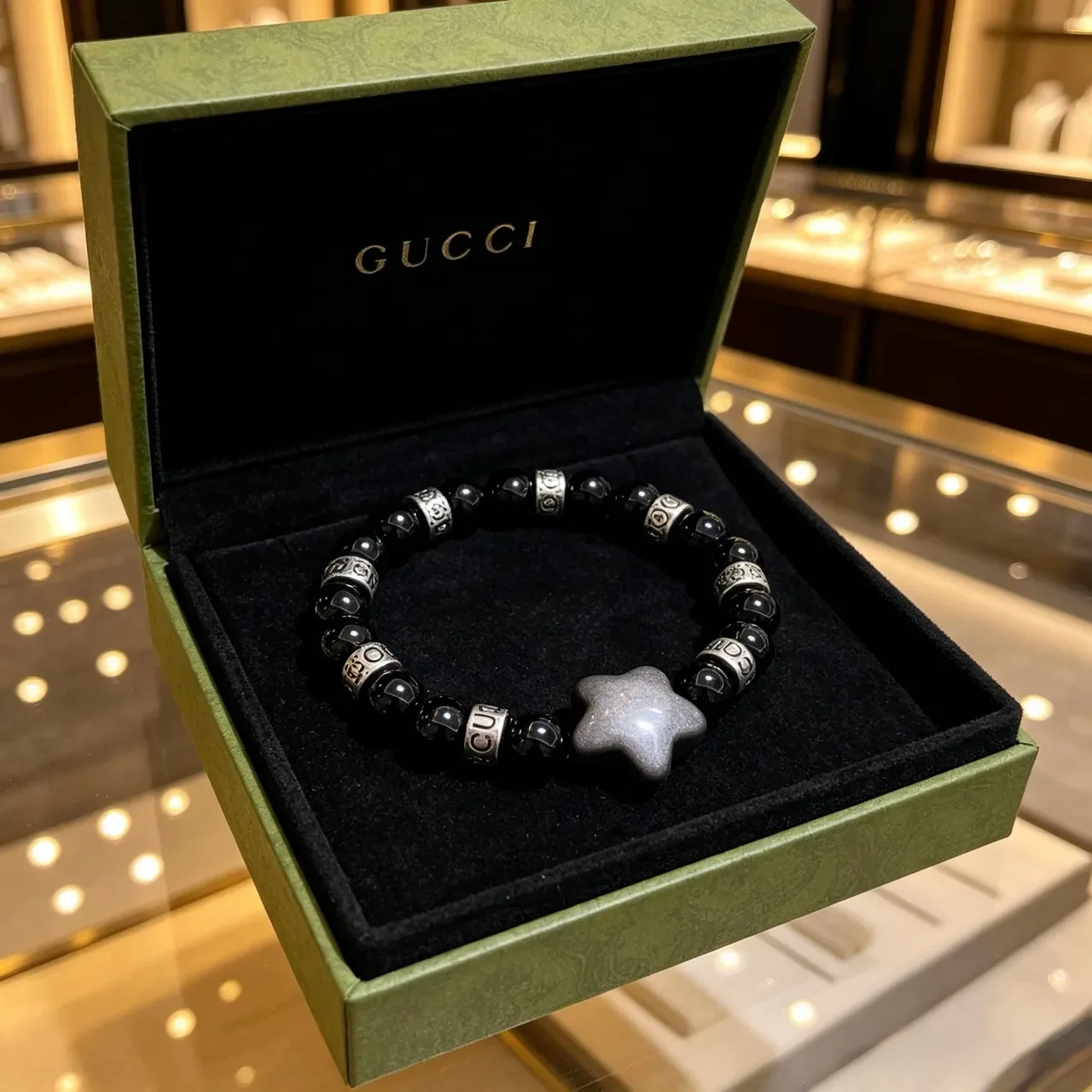 Gucci Black Silver Beaded Star Charm Bracelet 7