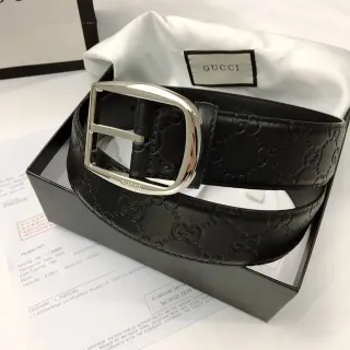 Gucci Black Silver Embossed GG Monogram Rectangular Buckle Leather Belt