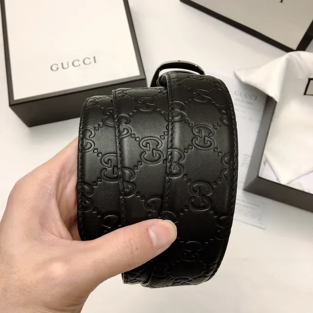 Gucci Black Silver Embossed GG Monogram Rectangular Buckle Leather Belt 2