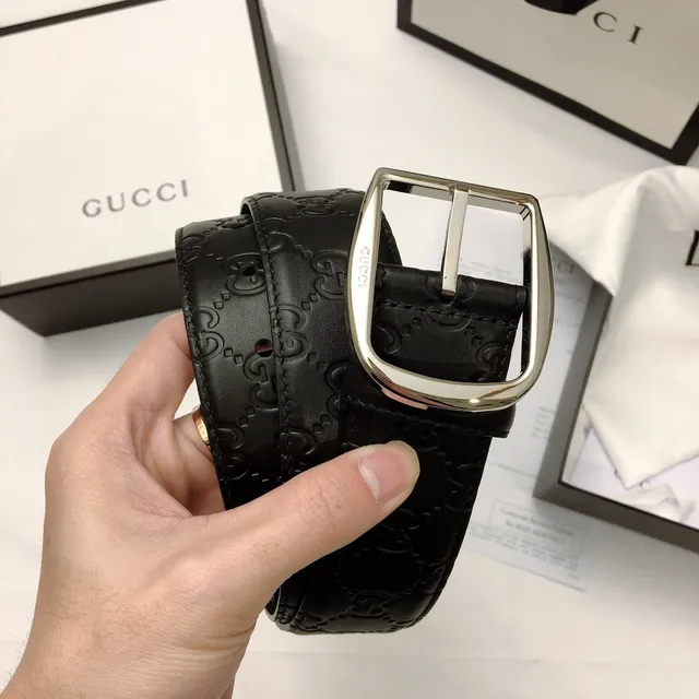 Gucci Black Silver Embossed GG Monogram Rectangular Buckle Leather Belt 3