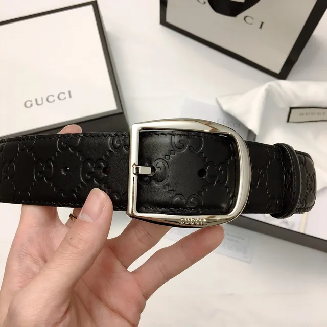 Gucci Black Silver Embossed GG Monogram Rectangular Buckle Leather Belt 4