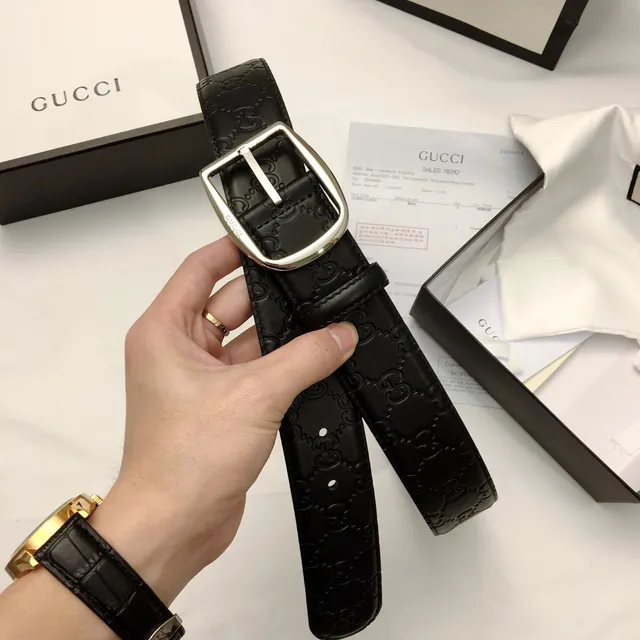 Gucci Black Silver Embossed GG Monogram Rectangular Buckle Leather Belt 6