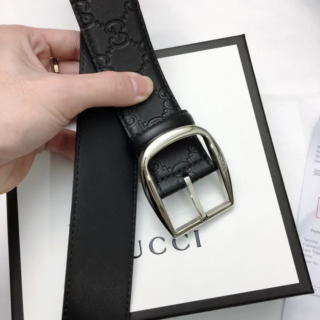 Gucci Black Silver Embossed GG Monogram Rectangular Buckle Leather Belt 8