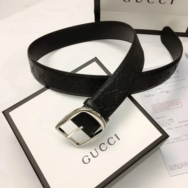 Gucci Black Silver Embossed GG Monogram Rectangular Buckle Leather Belt 9