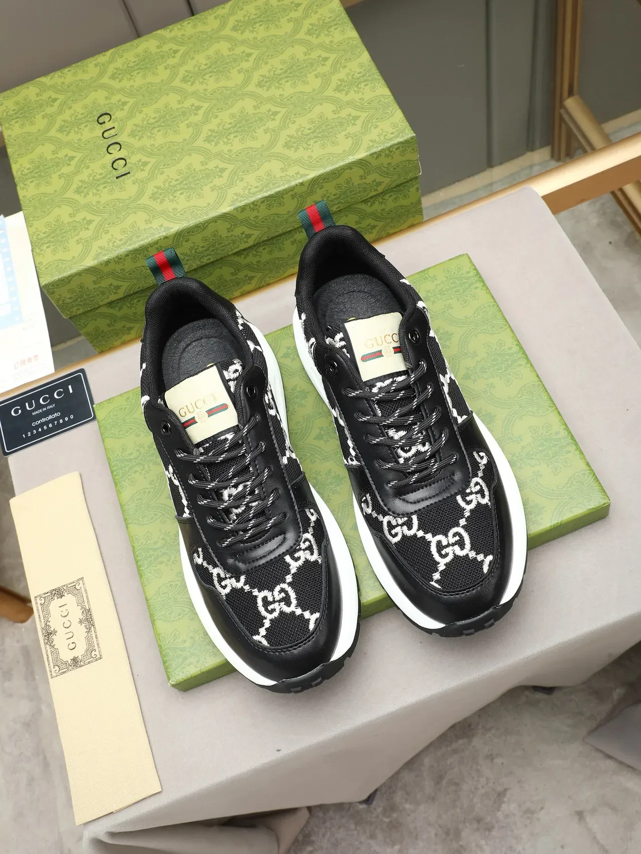 Gucci Preto Branco GG Bordado Malha E Couro Plataforma Grossa Tênis Lifestyle 3