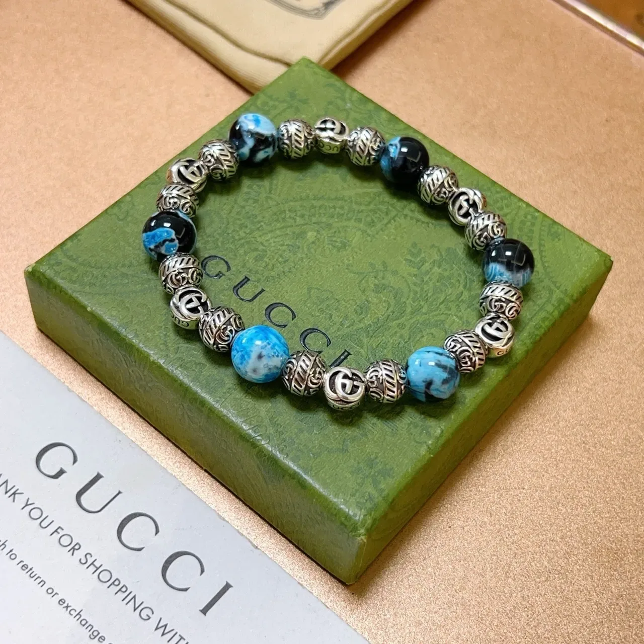 Gucci Blue Black Beaded Marbled Stone Bracelet 5