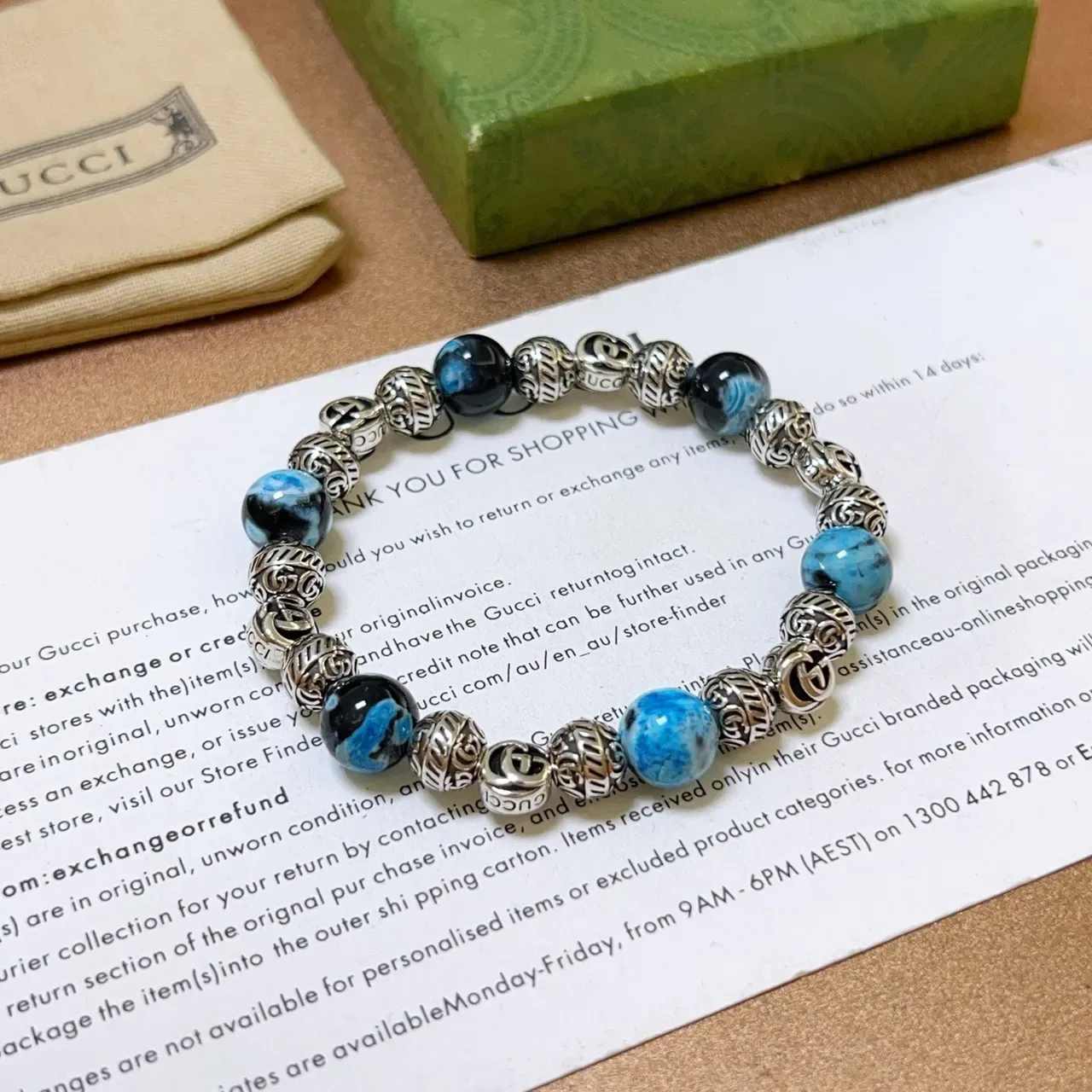 Gucci Blue Black Beaded Marbled Stone Bracelet 6