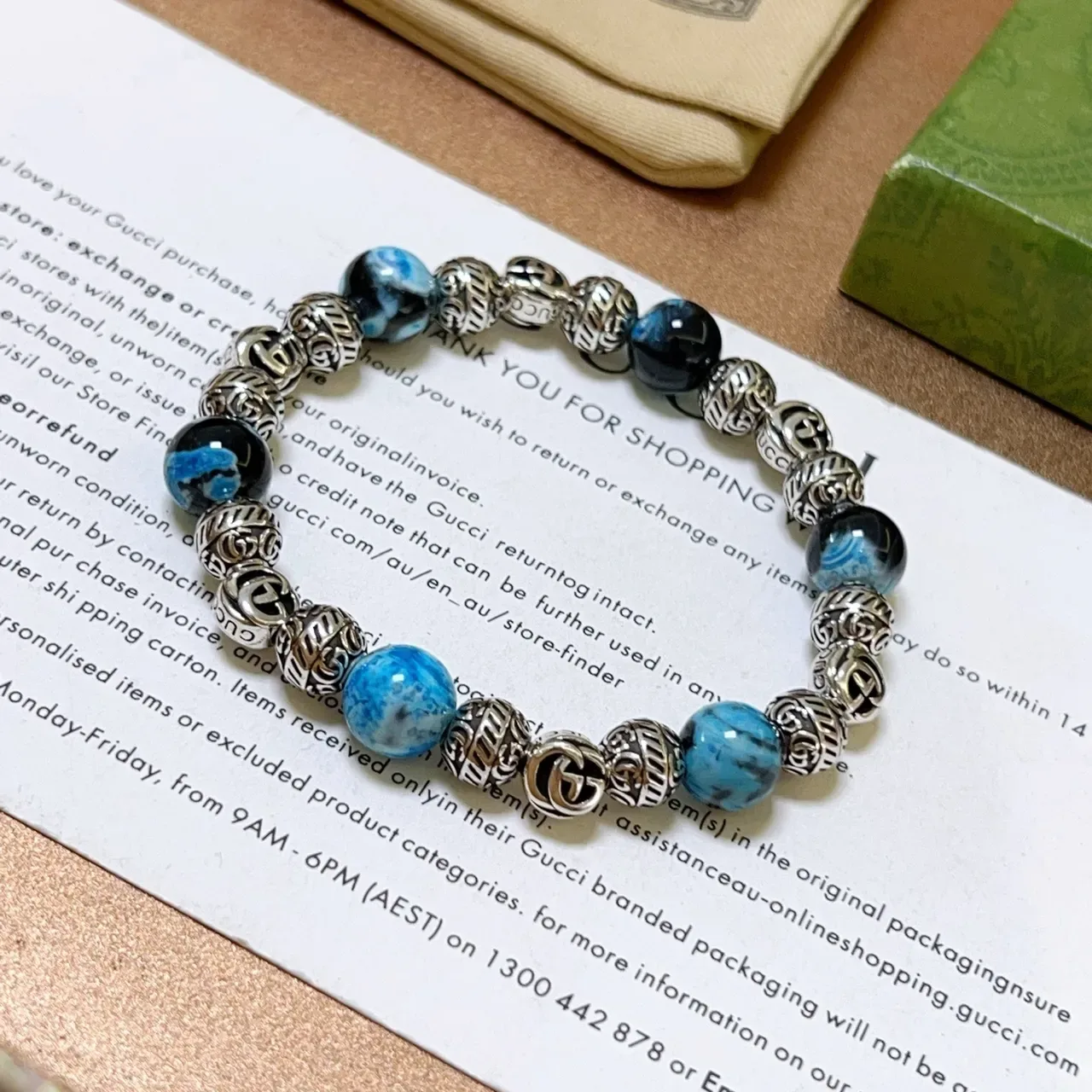 Gucci Blue Black Beaded Marbled Stone Bracelet 9