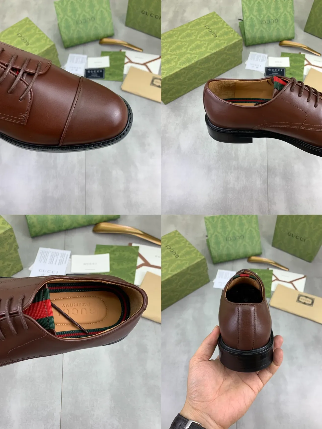Gucci Chaussures Oxford en Cuir Lisse Marron Noir Bout à Cap 2