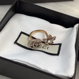 Gucci Crystal-Encrusted Double G and Floral Motif Gold-Tone Ring