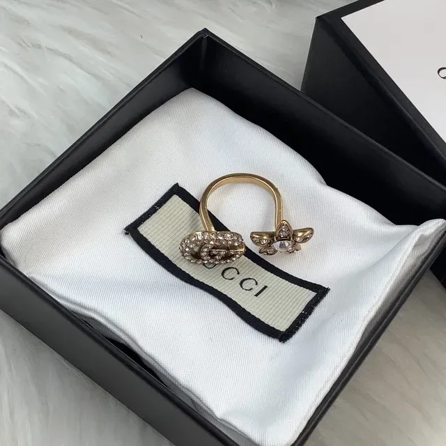 Gucci Crystal-Encrusted Double G and Floral Motif Gold-Tone Ring 2