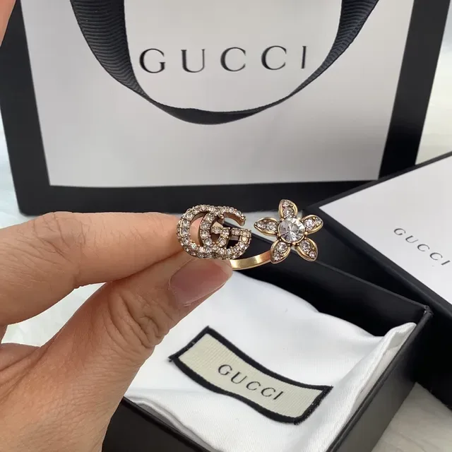 Gucci Crystal-Encrusted Double G and Floral Motif Gold-Tone Ring 3