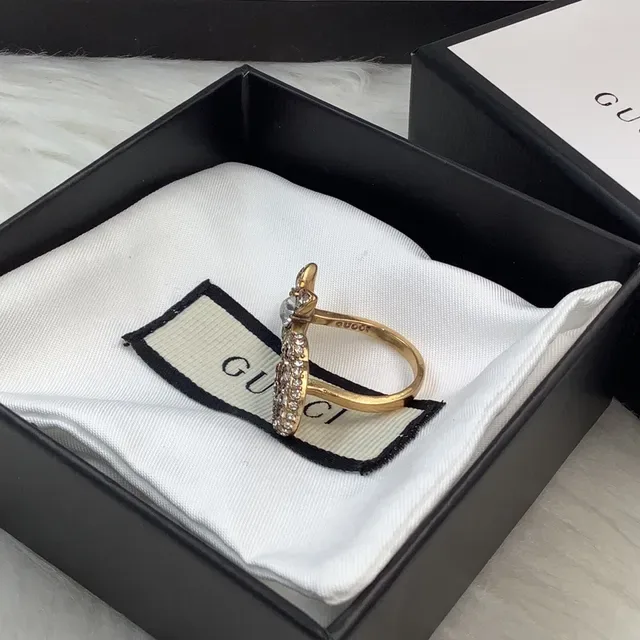 Gucci Crystal-Encrusted Double G and Floral Motif Gold-Tone Ring 4