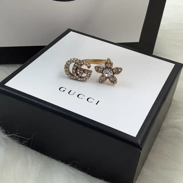 Gucci Crystal-Encrusted Double G and Floral Motif Gold-Tone Ring 5