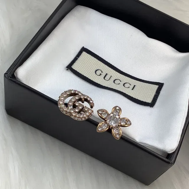 Gucci Crystal-Encrusted Double G and Floral Motif Gold-Tone Ring 6