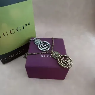 Gucci Dionysus فضي بنفسجي رأس أسد Interlocking GG Logo قلادة