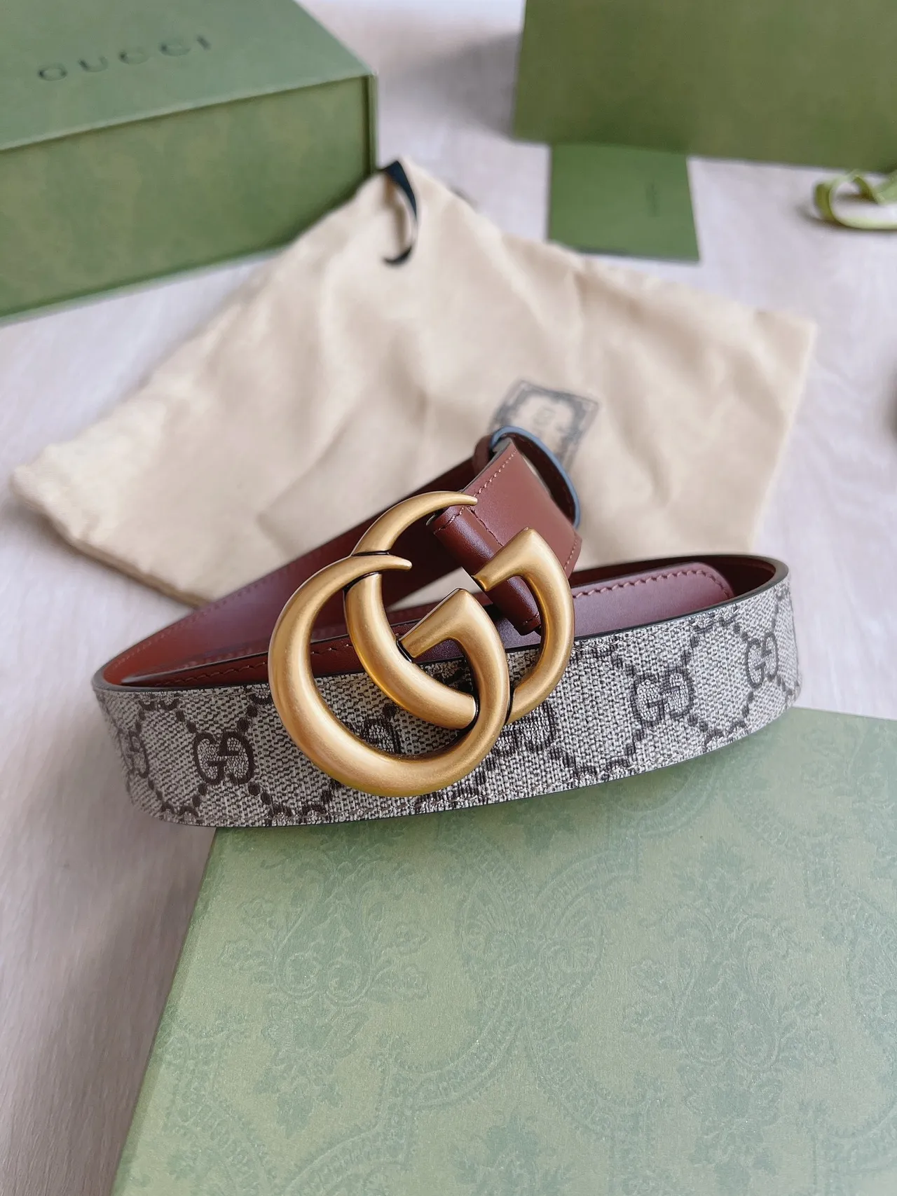Gucci Double G Belt Beige Gray Brown Leather Belt 3