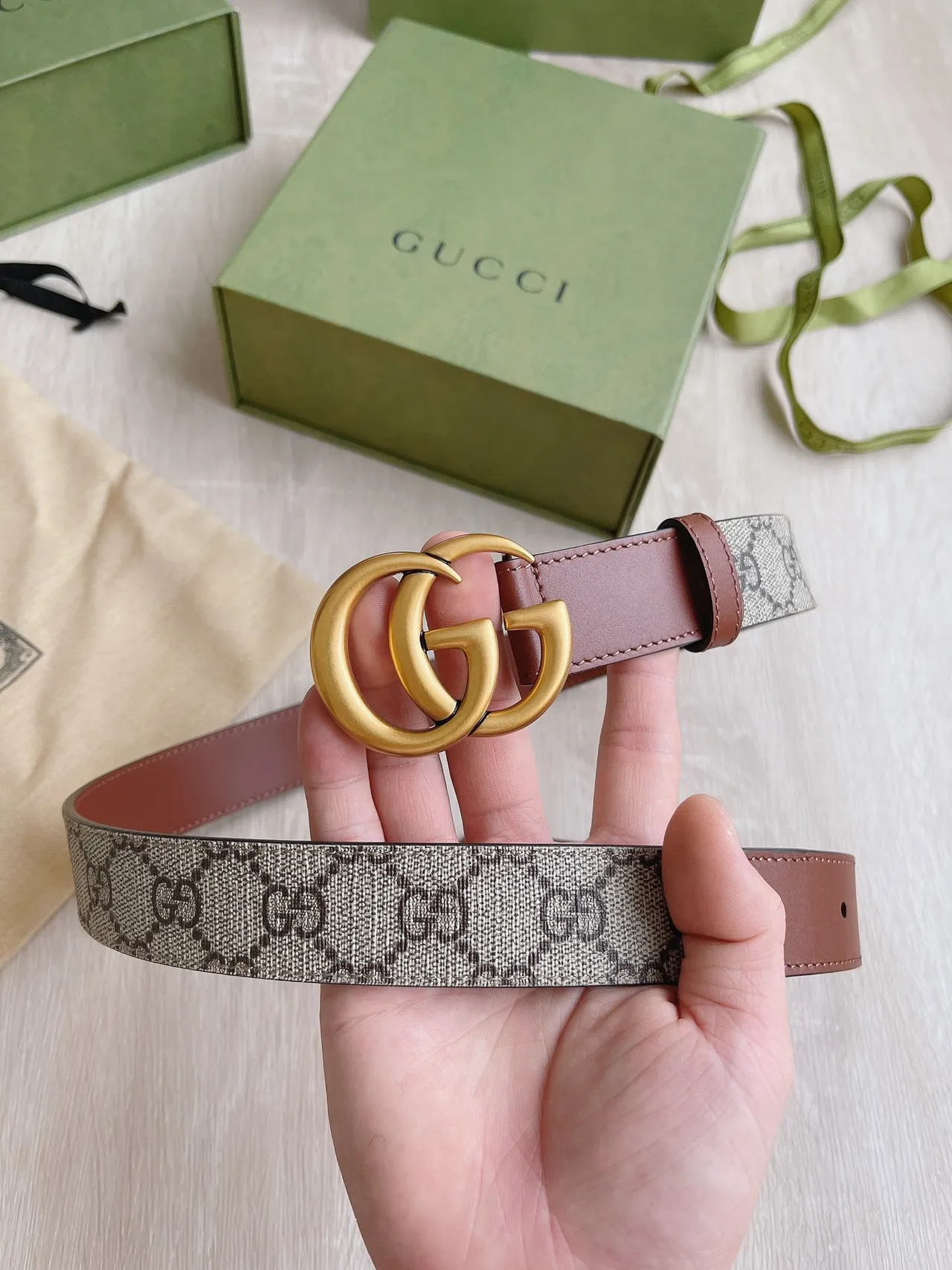 Gucci Double G Belt Beige Gray Brown Leather Belt 4