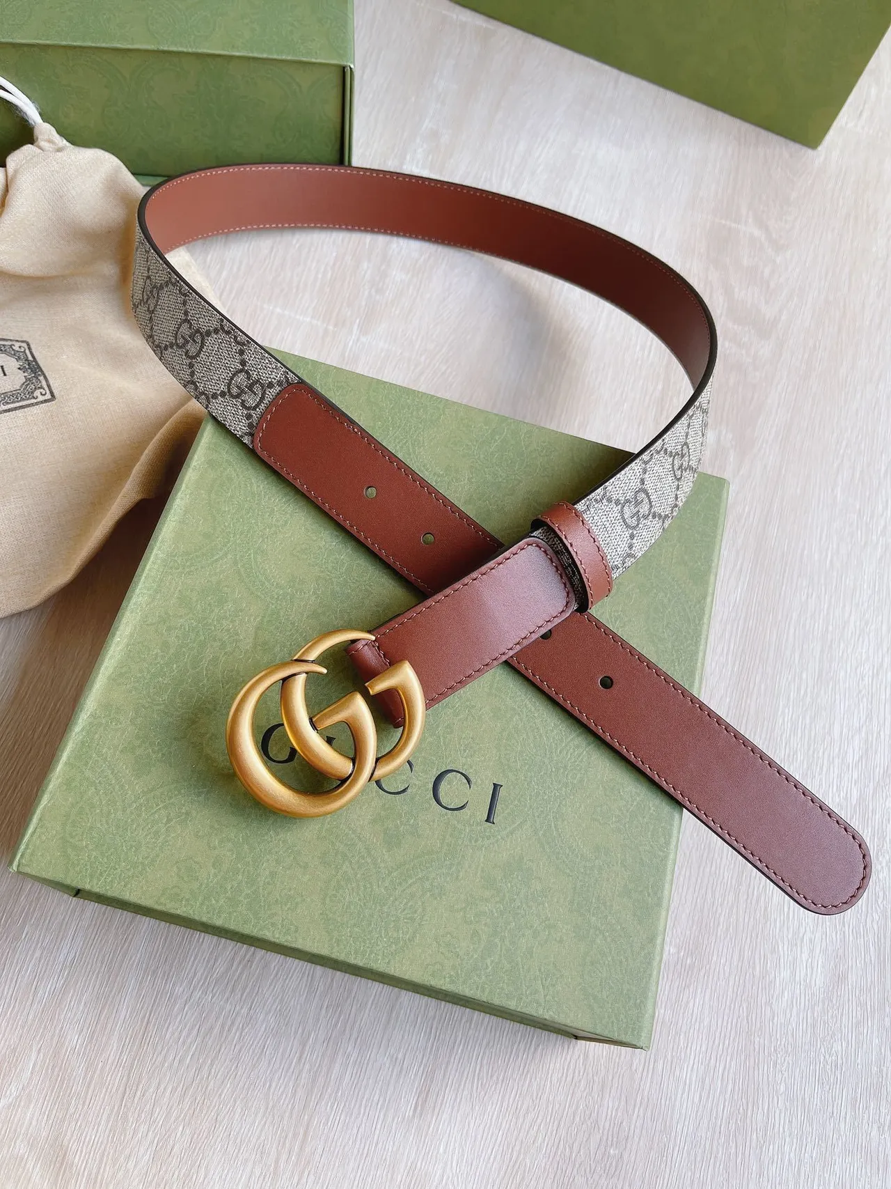 Gucci Double G Belt Beige Gray Brown Leather Belt 5