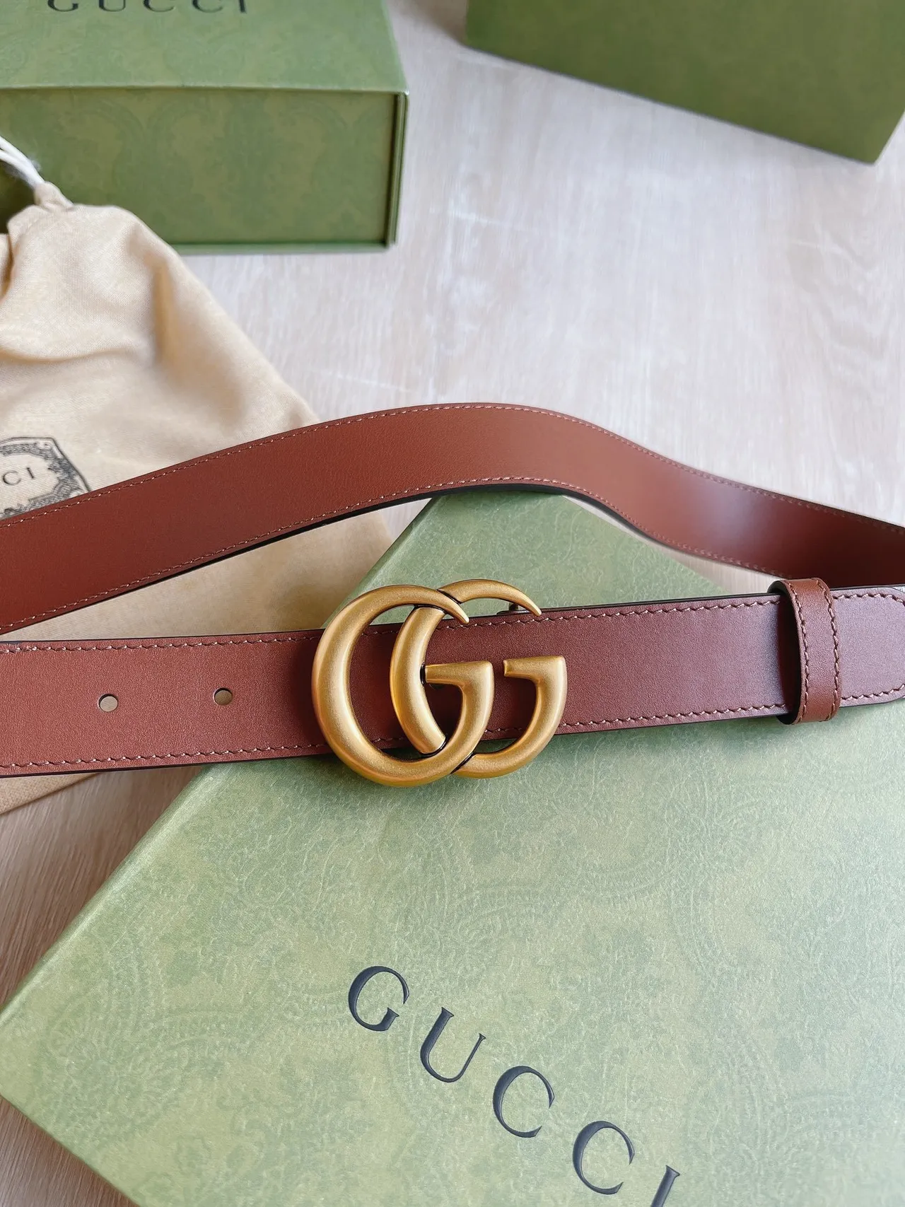 Gucci Double G Belt Beige Gray Brown Leather Belt 6
