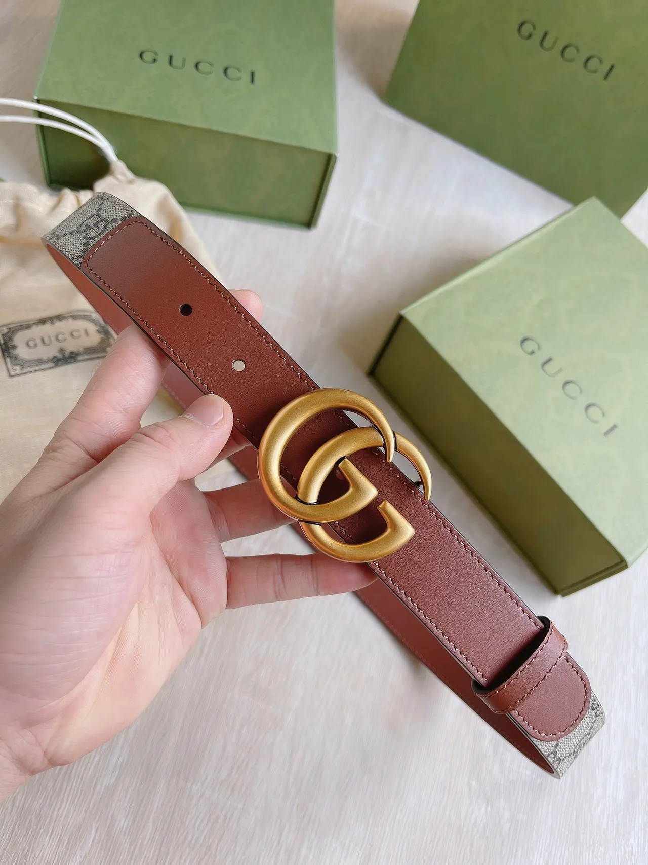 Gucci Double G Belt Beige Gray Brown Leather Belt 7