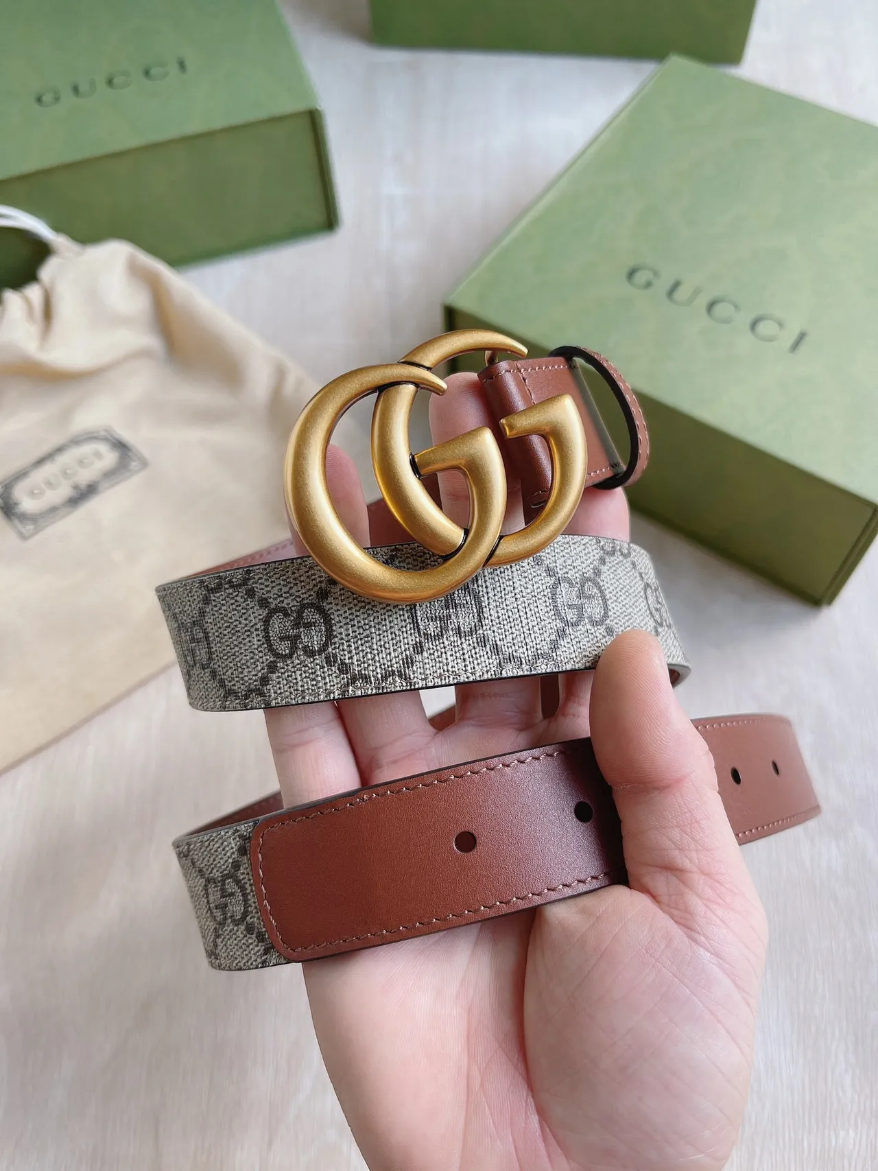 Gucci Double G Belt Beige Gray Brown Leather Belt 8