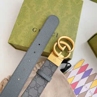 Gucci Double G Belt Gray Gold Interlocking Buckle Pebbled Front Leather Belt