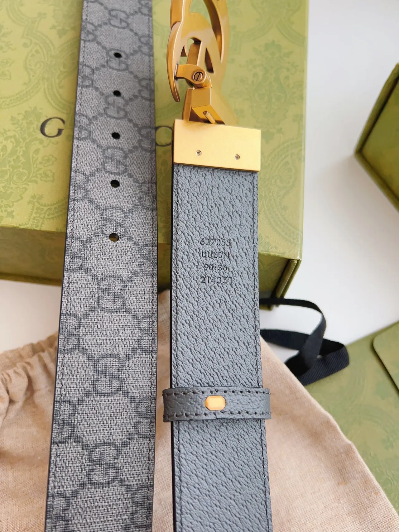 Gucci Double G Belt Gray Gold Interlocking Buckle Pebbled Front Leather Belt 2