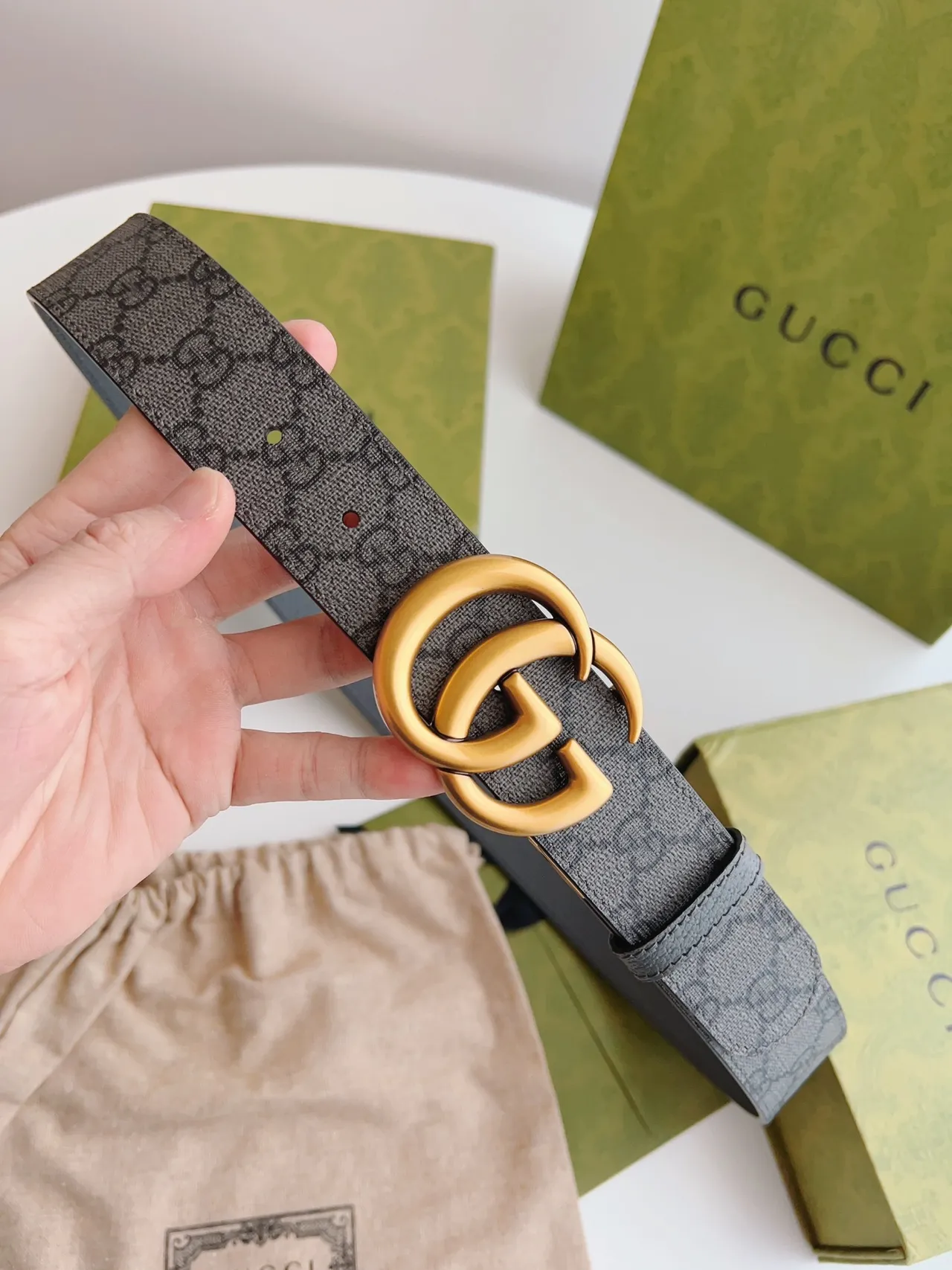 Gucci Double G Belt Gray Gold Interlocking Buckle Pebbled Front Leather Belt 5